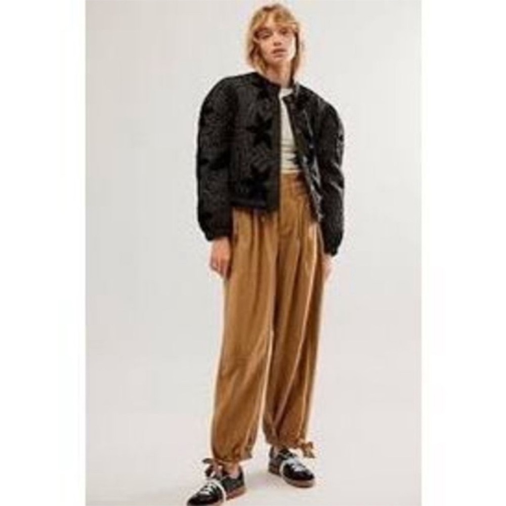 Free People Black Quilted Bomber Jacket with Tan Cropped Pants